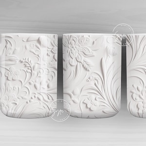3D Flower Mug, White Floral Mug, Wedding Mug Design, Floral Mug PNG, 3D Mural Mug, 11 & 15 Oz Mug Sublimation Wrap, Digital Download