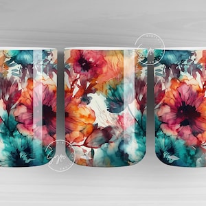 Alcohol Ink Floral Wrap, Floral Mug PNG, Wild Flower Mug Sublimation, Watercolor Flower Mug, 11 & 15 Oz Mug Sublimation Wrap, Digital File