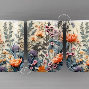 3D Flower Mug, Wild Flower Mug, Wedding Mug Design, Floral Mug PNG, 3D Mural Mug, 11 & 15 Oz Mug Sublimation Wrap, Digital Download