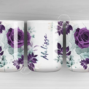 May include: White ceramic mug featuring a purple floral design with the name "Melissa" printed on the side.
