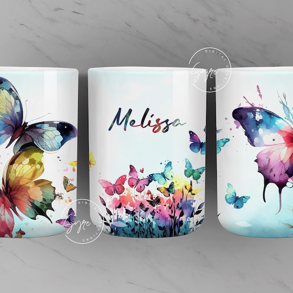 Butterfly Mug Wrap PNG, Add Your Own Name, Rainbow Colored Butterfly Sublimation Wrap, Flower Mug Wrap, 11 & 15 Oz Mug, Digital Download