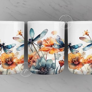 Dragonfly Mug Wrap, Flower Mug PNG, Wild Flower Mug Sublimation, Watercolor Floral Mug, 11 & 15 Oz Mug Sublimation Wrap, Digital Download