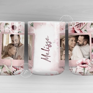 Fotomok met bloemen, naam toevoegen, mok fotolijst, mok met bloemen png, mok aquarel bloem, mok sublimatie mok 11 en 15 oz, omslag, digitaal bestand