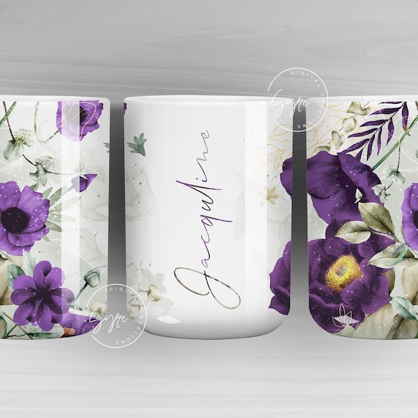 Floral Mug Wrap, Add Your Name Mug Design, Flower Sublimation Wrap, 11 & 15 Oz Mug Cricut Press Sublimation Wrap, Mug Gift Idea,  mug png