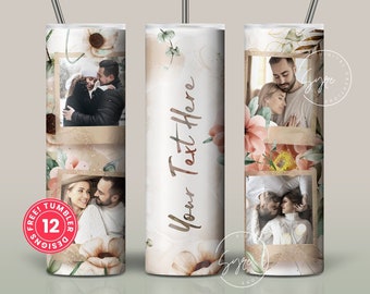 Floral Photo Tumbler, Add Your Name, Picture Frame Tumbler, 20oz Skinny Tumbler,  Seamless Tumbler for Pictures Sublimation Design PNG