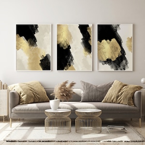 Black, Beige  & Gold Brush Stroke Wall Art · Set of 3 Prints · Abstract, Minimalist, Living Room Decor · DIGITAL Printable DOWNLOAD ·