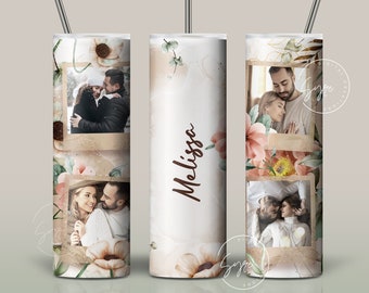 Floral Photo Tumbler, Add Your Name, Picture Frame Tumbler, 20oz Skinny Tumbler,  Seamless Tumbler for Pictures Sublimation Design PNG