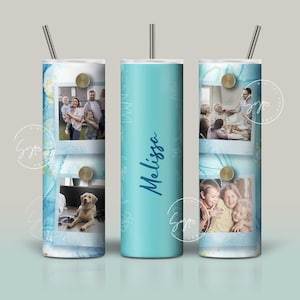 Fotocollage beker png, voeg je eigen tekst toe, marmer gouden textuur foto beker wrap, 20 oz skinny sublimatie wrap ontwerp digitale download