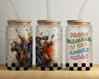 Skeleton Glass Jar, Halloween Glass Can Wrap, Dancing Skeleton Libbey Cup, Spooky Squad, 16 oz Libbey Glass Can, Retro Glass Can, Digital