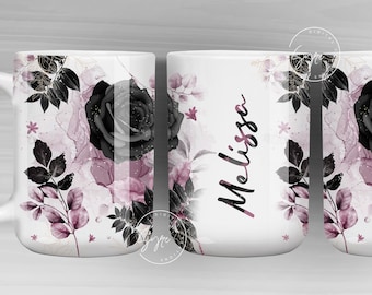Black Rose Floral Mug Wrap, Add Your Name Mug Design, Flower Sublimation Wrap, 11 & 15 Oz Mug Press Sublimation Wrap, Mug Gift Idea, Mug png