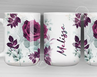 Floral Mug Wrap, Add Your Name Mug Design, Flower Sublimation Wrap, 11 & 15 Oz Mug Press Sublimation Wrap, Mug Gift Idea,  Mug png