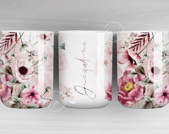 Floral Mug Wrap, Add Your Name Mug Design, Flower Sublimation Wrap, 11 & 15 Oz Mug Cricut Press Sublimation Wrap, Mug Gift Idea,  mug png
