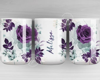 Add Your Own Name Mug Design, Purple Rose Gold Floral Sublimation Wrap, Flower Mug Wrap, 11 & 15 Oz Mug Cricut Press Sublimation Wrap