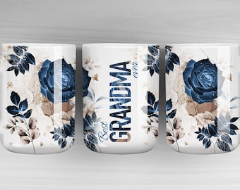 Best Grandma Ever, Mug For Grand Mother, Mother's Day Mug Wrap Design, Blue Gold Floral Mug, Gift for Grandma, 11 & 15 Oz Mug Sublimation