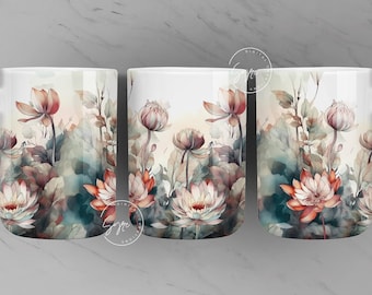 Flower Mug PNG, Wild Flower Mug Sublimation, Watercolor Floral Mug, Earthy Print Mug Design, 11 & 15 Oz Mug Sublimation Wrap, Digital File