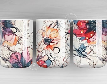 Alcohol Ink Floral Wrap, Floral Mug PNG, Wild Flower Mug Sublimation, Watercolor Flower Mug, 11 & 15 Oz Mug Sublimation Wrap, Digital File