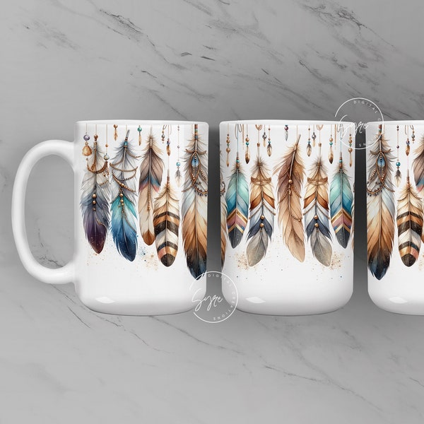 Boho Feathers Mug Wrap, Boho Mug Wrap, Native American Indian, South western, 11 & 15 Oz Mug Press Sublimation Design, Dreamcatcher, Digital