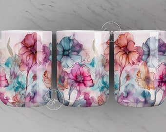 Flower Mug PNG, Alcohol Ink Floral Wrap, Wild Flower Mug Sublimation, Watercolor Flower Mug, 11 & 15 Oz Mug Sublimation Wrap, Digital File