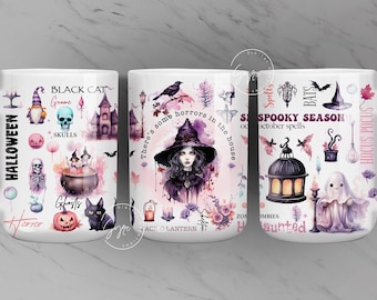 Cute Pink Halloween Mug Wrap PNG Sublimation Design, Pink Fall Mug, Witchy Vibes, 11 & 15 Oz Mug Sublimation, Mug Press Design, Digital File