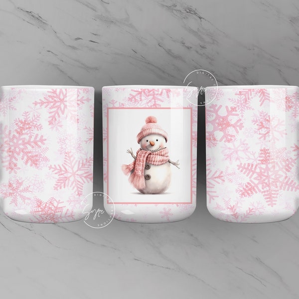 Snowman Mug wrap PNG, Christmas Mug Wrap, Gift for Christmas Holiday, 11 & 15 Oz Mug Press Sublimation Wrap, Pink Christmas, Digital File