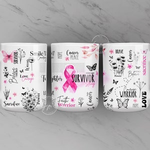 Peut inclure: Mugs en céramique blanche avec un ruban rose, des papillons et des motifs floraux. Les tasses présentent des mots comme "Survivor", "Courage" et "Warrior". Le design est un hommage à la sensibilisation au cancer.