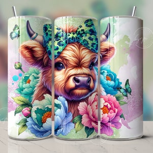 Highland Cow Tumbler Wrap, 20oz Skinny Sublimation Tumbler Design, Highland Cow With Bow Sublimation Design Png, Floral Tumbler Png, Digital