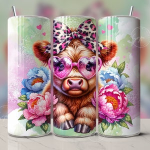 Highland Cow Tumbler Wrap, 20oz Skinny Sublimation Tumbler Design, Highland Cow With Bow Sublimation Design Png, Floral Tumbler Png, Digital