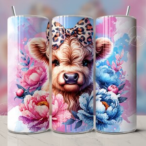 Highland Cow Tumbler Wrap, 20oz Skinny Sublimation Tumbler Design, Highland Cow With Bow Sublimation Design Png, Floral Tumbler Png, Digital