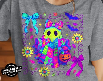 May include: A colorful digital design featuring a ghost character with a patchwork design, holding a jack-o'-lantern. The design includes bows, flowers, bats, and the text "DIGITAL DESIGN 300 DPI PNG FILE". The color palette includes neon pink, blue, yellow, and green.