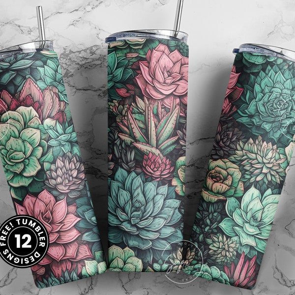 Succulent Tumbler Wrap, Seamless Watercolor Cactus PNG, Plant Sublimation, 20 oz Skinny Tumbler, Earthy Tumbler Wrap PNG, Digital Download