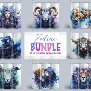 Zestaw Zodiac 20 oz Skinny Tumbler Sublimacja Design, Akwarela, Niebiański, Konstelacje, Prosta folia Tumbler PNG, Pobieranie cyfrowe