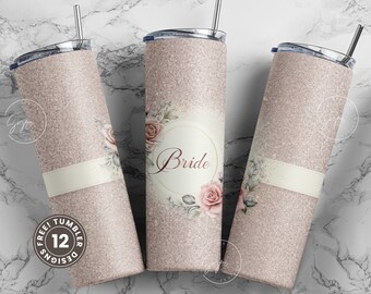 May include: Three stainless steel tumblers with a pink glitter finish. The center tumbler features a floral design with the word "Bride" in a gold circle. The tumblers are perfect for weddings or bridal showers.