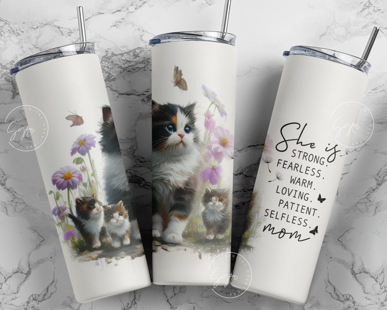 Cat Mom Tumbler, Gift for Cat Lover, Mothers Day Cat Mama Quote Floral Tumbler, 20oz Skinny Tumbler Sublimation, She Is Strong, Digital File image 1