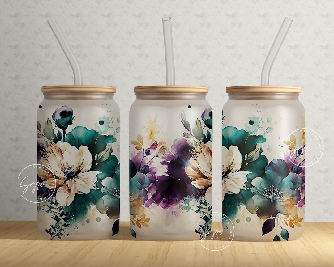 Boho Floral Wrap, 16oz Libbey Glass Can Tumbler Sublimation Design ...