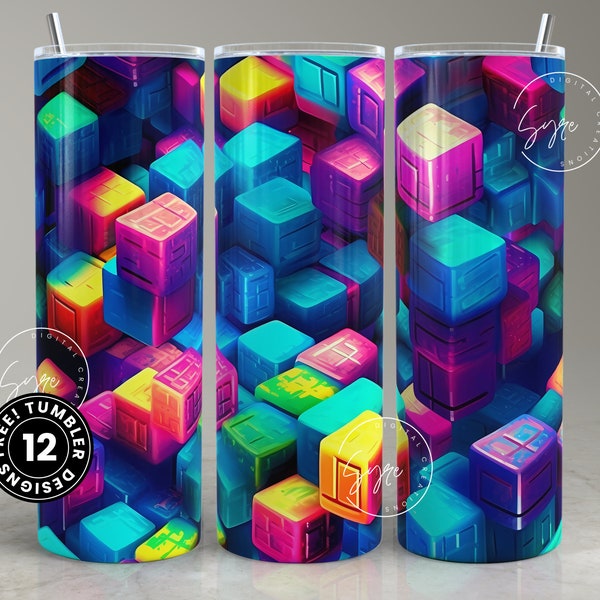 3D Blocks Tumbler, Rainbow Colors Cube, 3D Geometric Patterns Tumbler, 20 oz Skinny Tumbler Sublimation, Creative Patterns, Digital