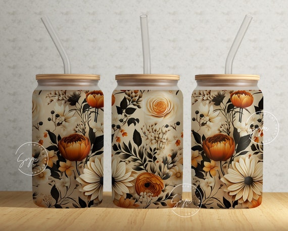 Autumn Fall Flowers, Boho Floral Wrap, 16 oz Libbey Glass Jar Tumbler Sublimation Wrap Design, Flower Glass Can Design, Wild Flower, Digital
