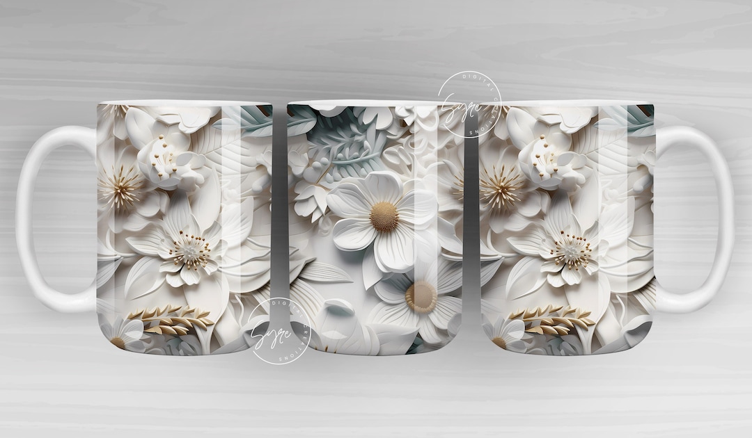 3D Flower Mug, White Floral Mug, Wedding Mug Design, Gold Floral Mug ...
