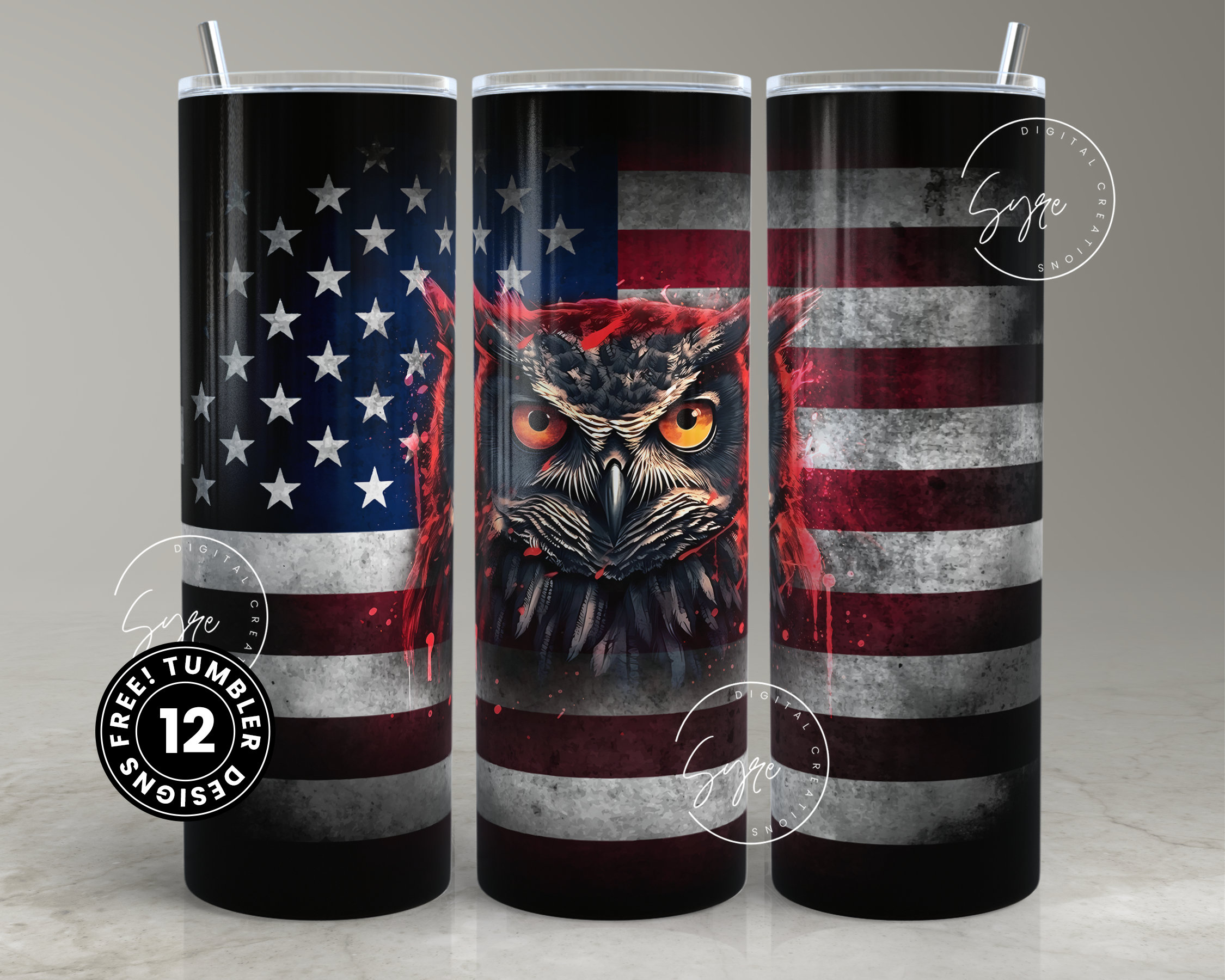 Owl Tumbler, American flag USA, 4th July, 20oz Skinny Tumbler Seamless Sublimation, Patriotic Tumble