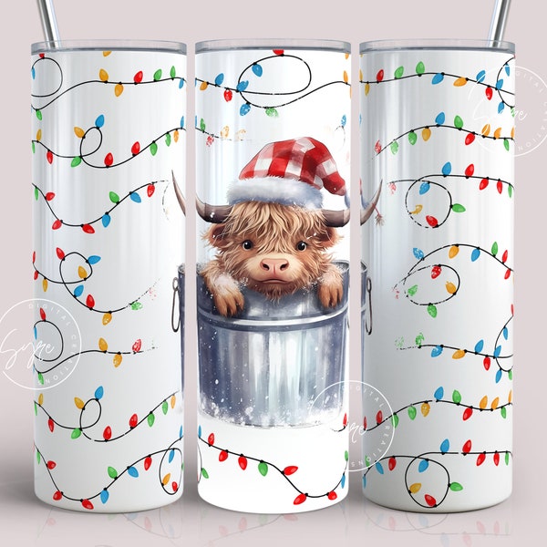 Christmas Lights Tumbler Wrap, Baby Highland Cow in Bucket, Gift for Christmas Holiday, 20 oz Skinny Tumbler Sublimation wrap PNG, Digital