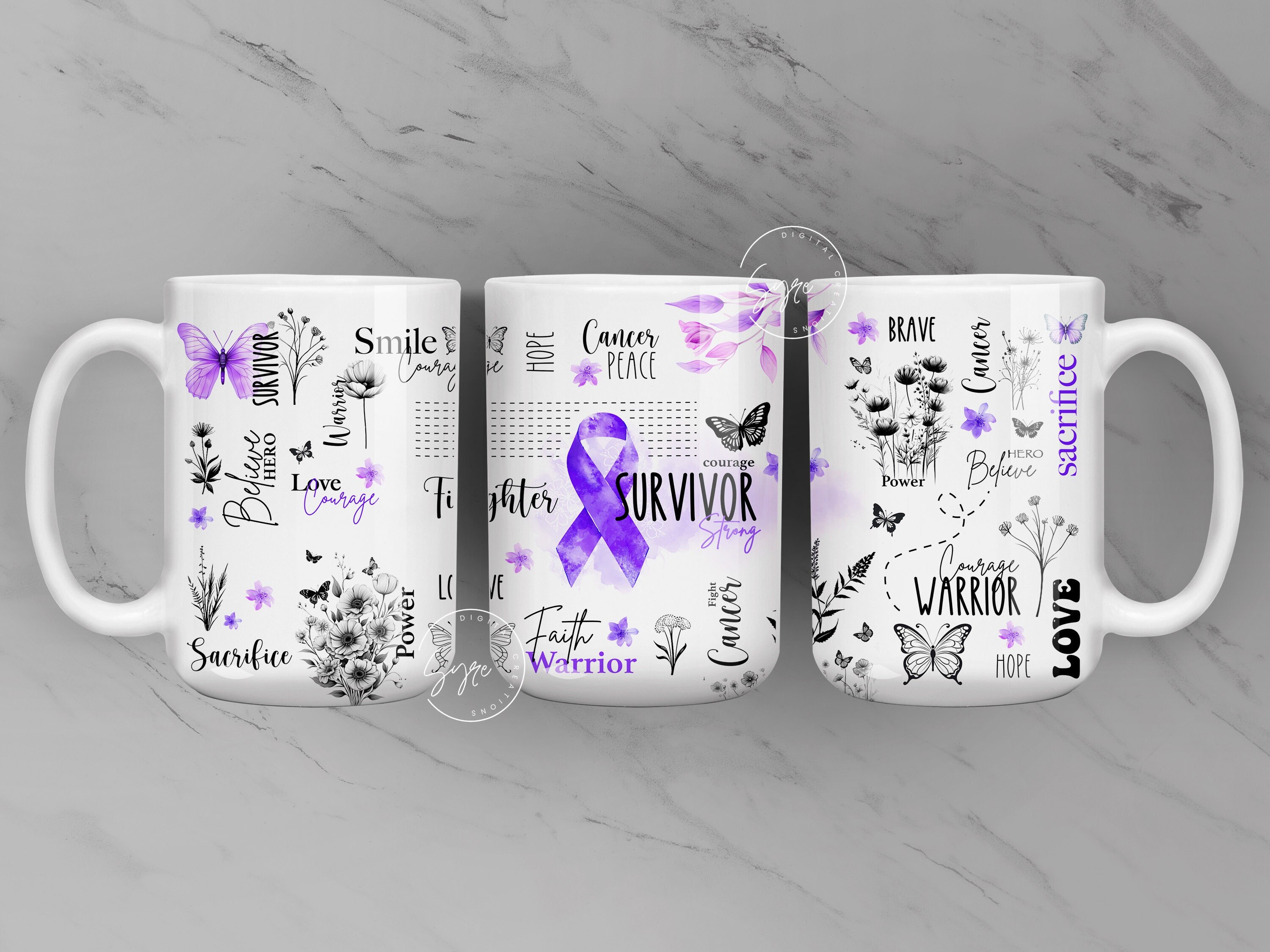 Cancer Awareness, Purple Ribbon Mug, Motivational Mug, Positive Survivor Affirmations, 11 & 15 Oz Mug Press Sublimation, Digital File