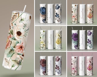 Add Your Own Name Floral Design Tumbler, Set of 6, Skinny Tumbler 20 oz Design Wrap, Seamless Sublimation Design PNG, Skinny Travel Tumbler