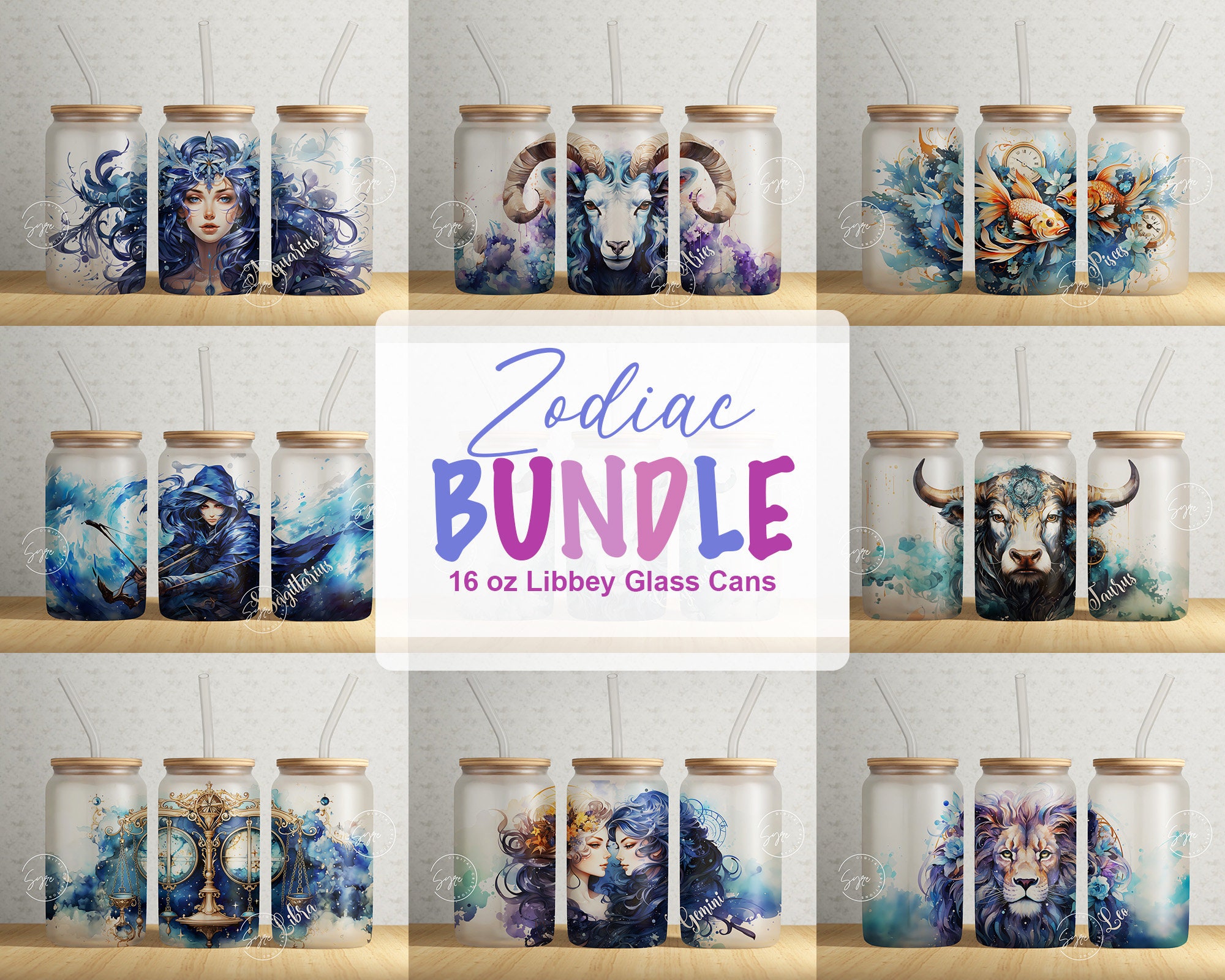 Zodiac Signs Bundle, 16 oz Libbey Glass Can Wrap PNG, Watercolor, Celestial, Constellations, Astrology, Horoscope, Digital Download