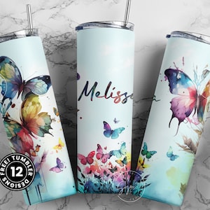 Butterfly Tumbler, Add Your Own Name Tumbler, Skinny Tumbler 20 oz Design Wrap, Seamless Sublimation Design PNG, Colorful Butterfly Design