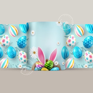 May include: A blue and white Easter egg pattern with a bunny rabbit's ears and a nest of colorful eggs. The pattern is perfect for a backdrop or wrapping paper.