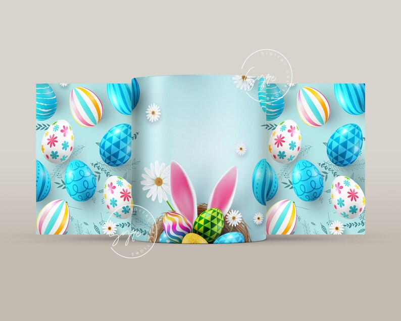May include: A blue and white Easter egg pattern with a bunny rabbit's ears and a nest of colorful eggs. The pattern is perfect for a backdrop or wrapping paper.