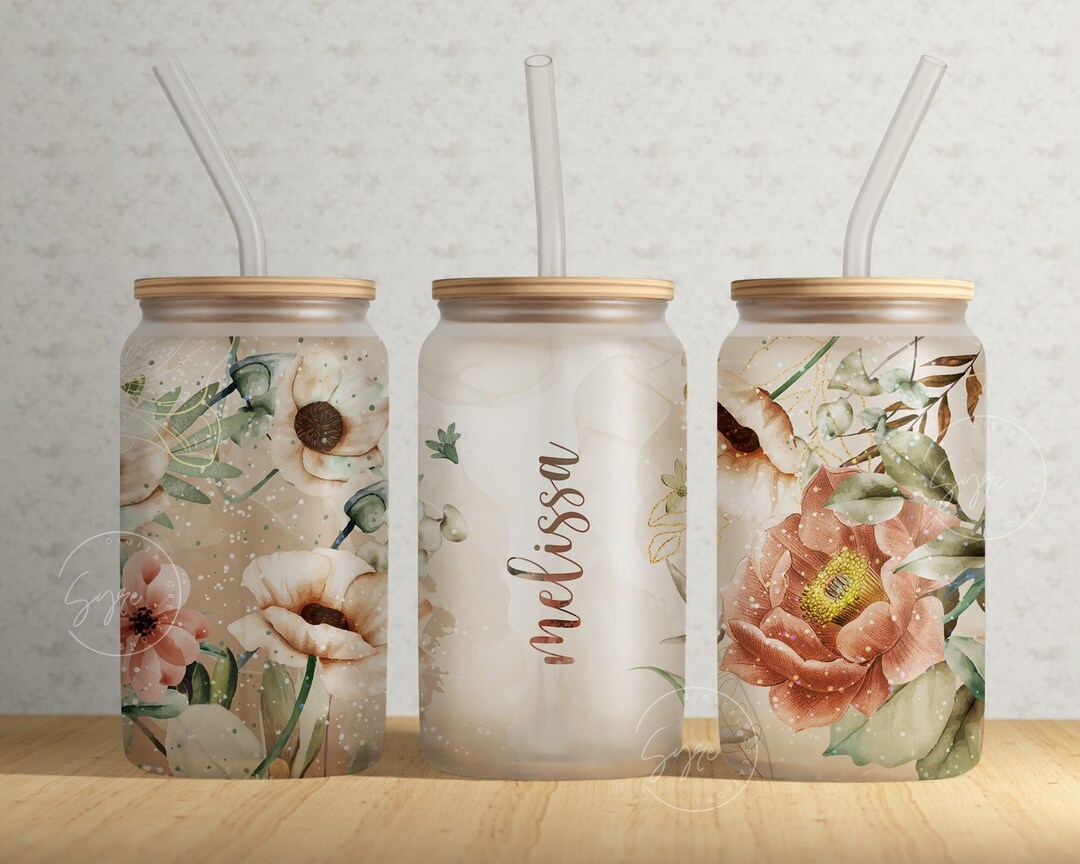 Floral 16 Oz Libbey Glass Can Tumbler Sublimation Design, Add Your Own ...