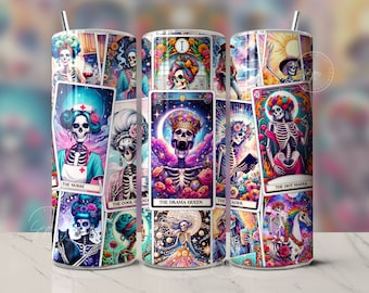 Sarcastic Tarot Cards Tumbler Wrap 20 oz Skinny Tumbler Seamless PNG Sublimation Design, Funny Tumbler Witchy Vibes Skeleton Digital File