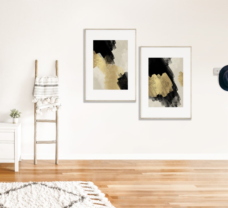 Black Beige & Gold Brush Stroke Wall Art Set of 3 Prints - Etsy
