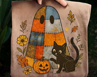 Patchwork Halloween Ghost and Cat Png Retro Spooky Floral Halloween Png Funny Halloween Png Black Cat Png Boo Halloween Png Digital File