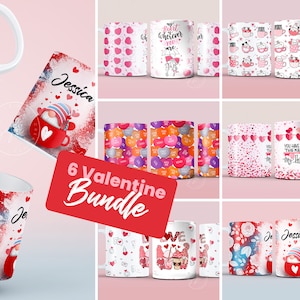 Valentine's day Mug Wrap Bundle Collection, Set of 6 Bundle, Cute Cat Mug Design, Pink Heart Design, Gnome Design, Sublimation Design PNG